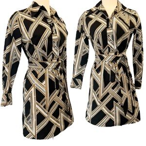 Vintage 60s 70s Lanvin Op Art Black Tan White  Geometric Print Shirt Dress 10 M